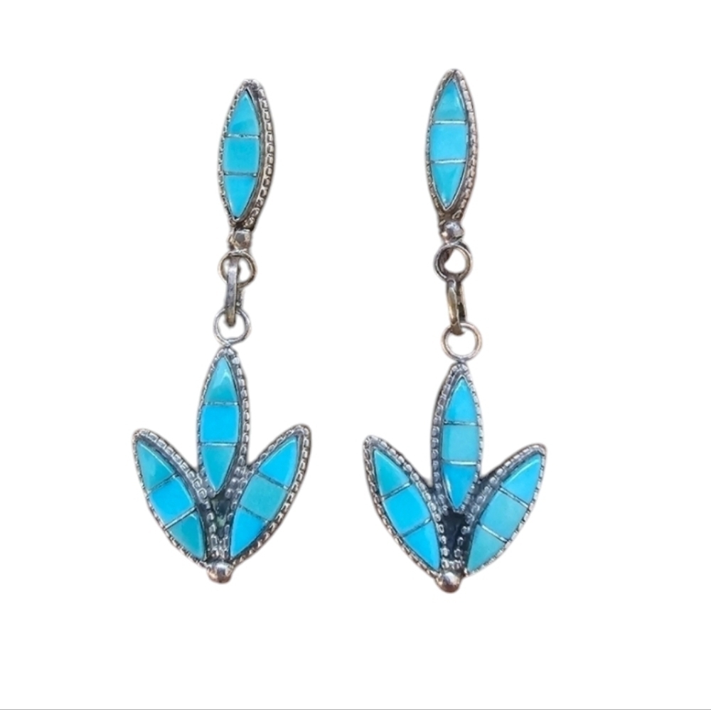 Large 2in Turquoise Sterling Inlayed Post Dangle Native American Earrings
